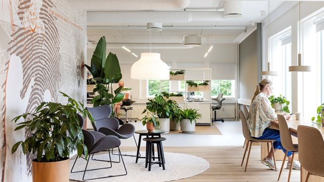 Moderne og lyst kontormiljø i Ballerup med grønne planter og indbydende loungeområder til erhvervslejemål.