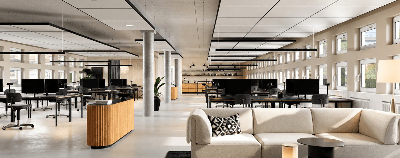 Visualisering af moderne og lyst kontorlandskab med sofa og arbejdspladser hos Slotsmarken i Hørsholm.