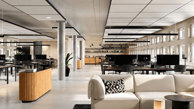 Visualisering af moderne og lyst kontorlandskab med sofa og arbejdspladser hos Slotsmarken i Hørsholm.